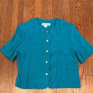 Vintage Norton McNaughton 80s Teal Short Sleeve Jacket – Rayon/Flax - Size 14